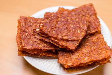 Canvas Print - Close up sliced sheets of dried sweet pork