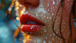 Water Drops On Beautiful Dark Red Women Lips With Red Lipstick Blurry Background