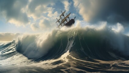 Wall Mural - Ship navigating stormy sea with massive waves.