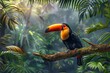 Toucan sitting on a branch in a tropical forest with palm trees