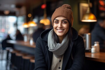 Wall Mural - Portrait of a grinning indian woman in her 30s sporting a trendy beanie while standing against bustling city cafe