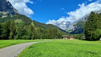 Sticker - Switzerland scenic places. picturesque Kanderseg village and ski resort surrouded by impressive Alps mountains. Canton of Bern