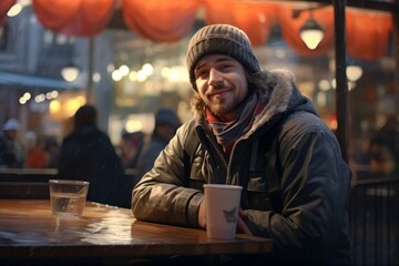 Wall Mural - Portrait of a blissful man in his 20s dressed in a warm ski hat on bustling city cafe