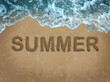 Summer beach as a hot seasonal banner and fun party background for vacation and travel holiday festival for June July August months as waves from the tropical ocean or warm sea water on sand symbol.
