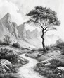 Mountain stream flowing through black and white drawing