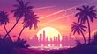 Cartoon landscape of pixelated palm trees swaying against a pastel sunset sky