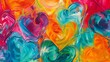 Swirls of colorful hearts, abstract art, vibrant hues blending.