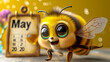 Cheerful Bee Flying Near Calendar and honey pot on yellow background. May 20, World bee day concept