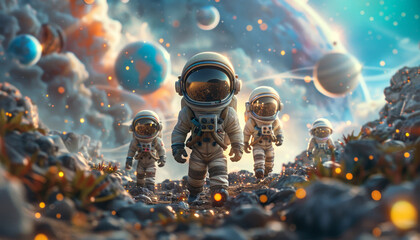 Wall Mural - a group of astronauts are walking through a rocky, alien landscape by ai generated image