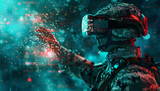 Fototapeta Przestrzenne - A man in a military uniform is wearing a virtual reality headset by AI generated image