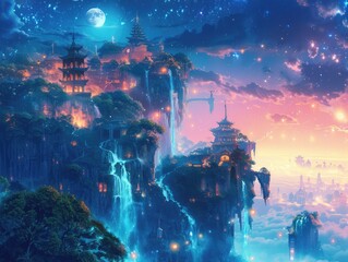 Wall Mural - A surreal dreamscape with floating islands, cascading waterfalls, and ethereal creatures dancing in the moonlight whimsical fantasy Soft, magical lighting imbues the scene with a sense of wonder