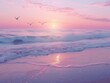 A tranquil beach at dawn, with pastel-colored skies reflecting on the calm, rippling waves and seagulls soaring overhead coastal serenity Soft, diffused light creates a peaceful ambiance