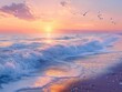 A tranquil beach at dusk, with waves gently lapping against the shore and seagulls soaring overhead coastal serenity The last rays of sunlight paint the sky in hues of orange and purple