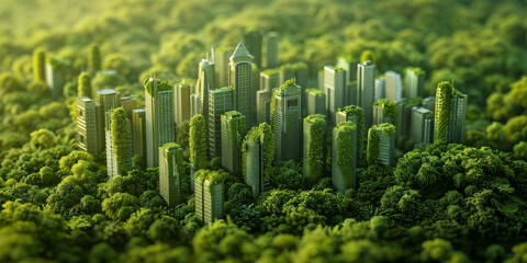 A green cityscape model with skyscrapers and buildings nestled among lush trees, representing the concept of sustainable urban development. green building, eco friendly building concept