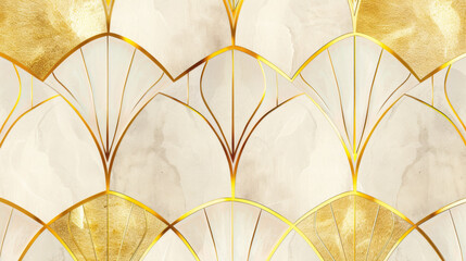 Wall Mural - Wallpaper. Background. Beige and white pattern with lines of different thicknesses, inspired by Art Deco style, with thin gold foil on paper