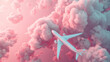 top view of white plane model on pink with clouds