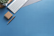 © mallmo - Blue table with keyboard, pen, note and plant top view.