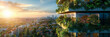 green building with balconies full of greenery overlooking the city at sunset.ecofriendly  building design, urban landscape, green environment