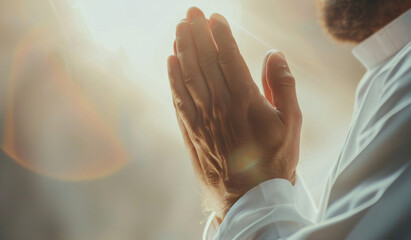 Wall Mural - islam man, hands and prayer for worship, allah and faith with hope or light. muslim person, meditati