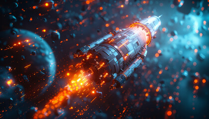 Wall Mural - a space shuttle is flying through a cloud of debris by ai generated image