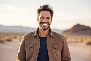 Wall Mural - Portrait of a smiling man in his 30s sporting a rugged denim jacket isolated on backdrop of desert dunes