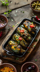 Wall Mural - Savory Stuffed Poblano Peppers in Tomato Sauce on Wooden Table