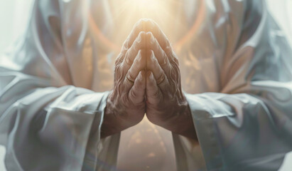 Wall Mural - religious man, hands and praying for worship, god and faith with hope or light. catholic priest, med