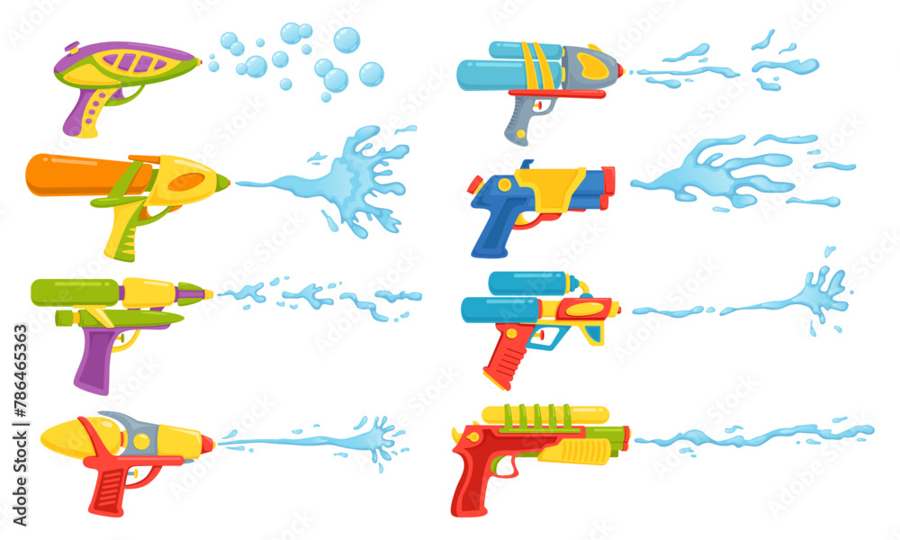 Kids water guns. Plastic toy weapon. Childish summer games. Liquid ...