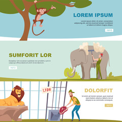 Wall Mural - Bio banners animals in cartoon style living in zoo cage