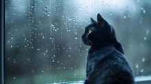 Dramatic Scene Of A Black Cat Sitting At A Wet Window, The Raindrops Distorting The View Outside, Against A Simple Backdrop.