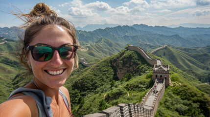 Poster - A woman is smiling and taking a selfie in front of a large wall. Concept of happiness and adventure, as the woman is enjoying her time in a foreign country