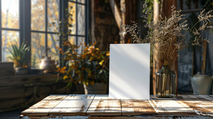 Sticker - A white card sits on a wooden table next to a vase of dried flowers. The scene is peaceful and calming