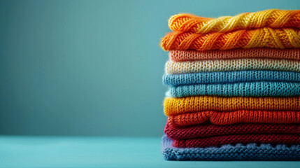 A pile of knit sweaters in various colors. The pile is on a blue table. The colors of the sweaters are red, orange, yellow, green, and blue