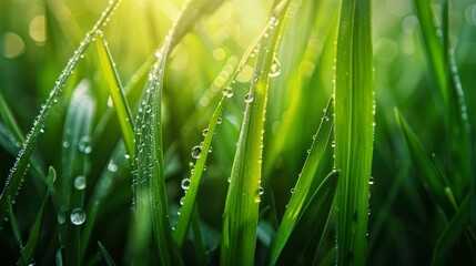 Canvas Print - Lush green blades of grass with transparent water drops on meadow close up. Fresh morning dew at sunrise. Panoramic spring nature background.