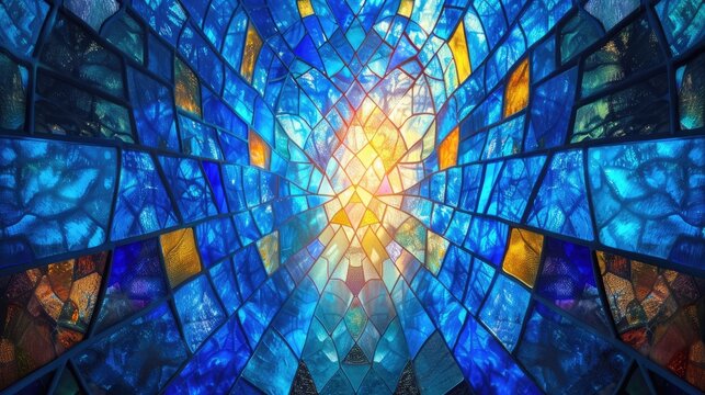 blue stained glass background. vibrant colored window design backdrop. interior design