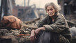 An old woman prays for peace. Grandmother in front of a destroyed house due to the war.