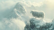 A white sheep stands on the top of snowcapped mountains, overlooking clouds and mist in an ethereal fantasy world