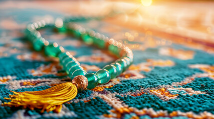 Wall Mural - close up of green beaded rosary with golden tassel on top laying on arabic carpet, shallow depth or field, warm tones