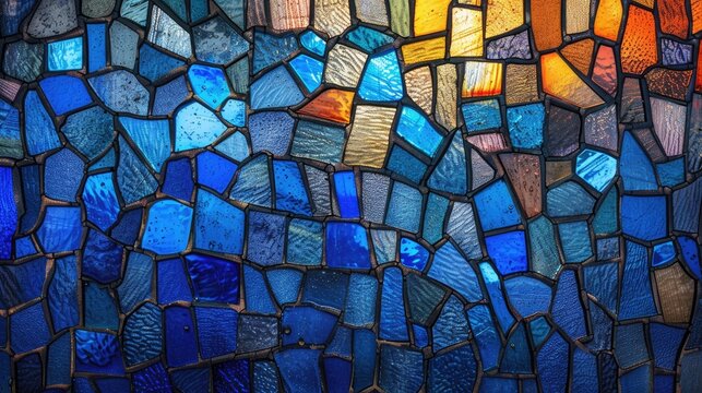 blue stained glass background. vibrant colored window design backdrop. interior design