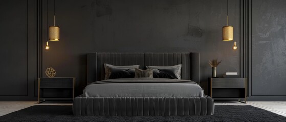 A lavish, all-black bedroom showcases an opulent, high-end design with a large, tufted headboard, plush bedding, and elegant gold-accented lighting fixtures creating an atmosphere of sophistication.