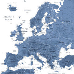 Wall Mural - Europe - Highly Detailed Vector Map of the Europe. Ideally for the Print Posters. Grey Silver Monochrome Colors. Relief Topographic