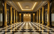 A lavish entryway featuring towering gilded columns, opulent wall panels, and an intricate, reflective marble floor creating an awe-inspiring, royal ambiance.
