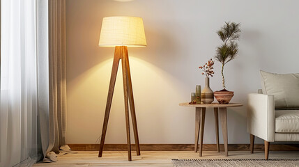 The wooden floor lamp with a table and lamps on it is standing in front of the wall, against a white background with a dark wood leg.