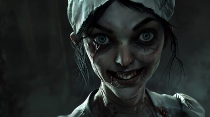 a menacing nurse with crooked, protruding teeth and leeches on her skin, hunting with wide, piercing