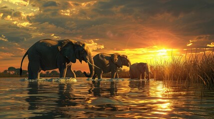 Elephant walking in the water at sunset. Elephant background. african wildlife. safari adventure