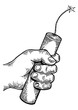 Hand with dynamite bomb engraving PNG illustration. Scratch board style imitation. Black and white hand drawn image.