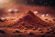 Close-up of rich cocoa powder with chocolate chunks and cocoa beans scattered on a surface, creating a textured and indulgent scene. International Chocolate Day.