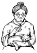 Old woman and cat engraving PNG illustration. Scratch board style imitation. Black and white hand drawn image.