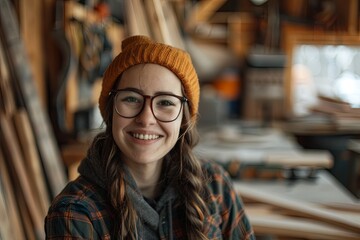 Wall Mural - Smiling young woman working in carpentry shop