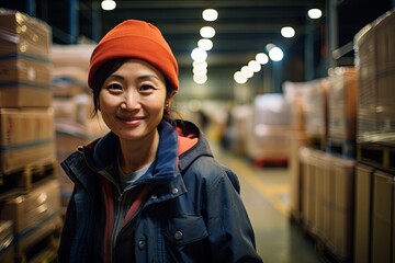 Wall Mural - Portrait of a middle aged asian female warehouse worker